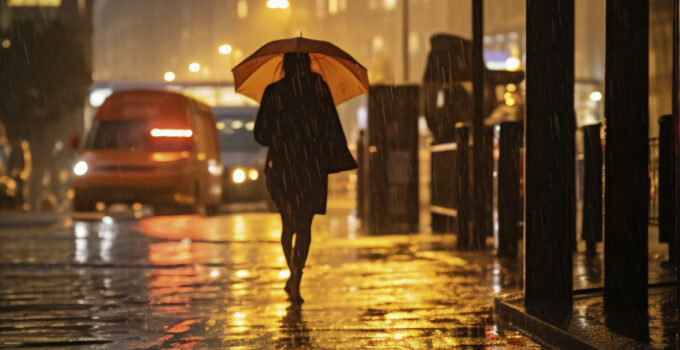 une femme sous la pluie avec un parapluie