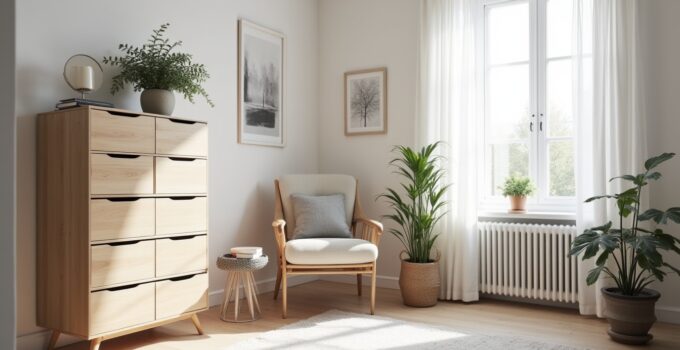 Une tour de rangement à 10 tiroirs dans une pièce lumineuse et une déco scandinave
