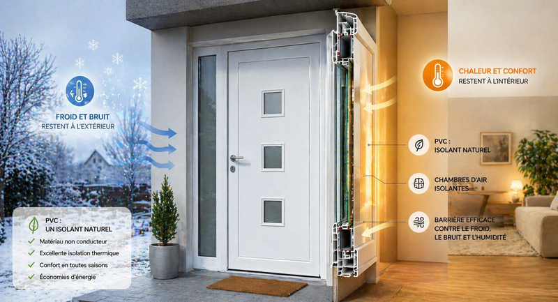 Une porte d'entrée en PVC est fait d"un matériau naturellement isolant