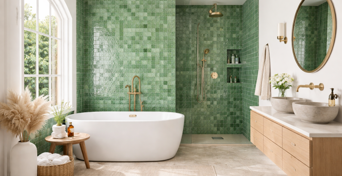 Le zellige vert utilisé dans la salle de bain