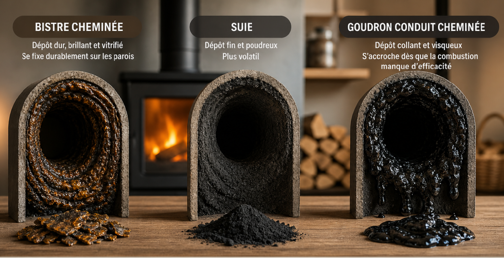 La différence entre bistre, suie et goudron