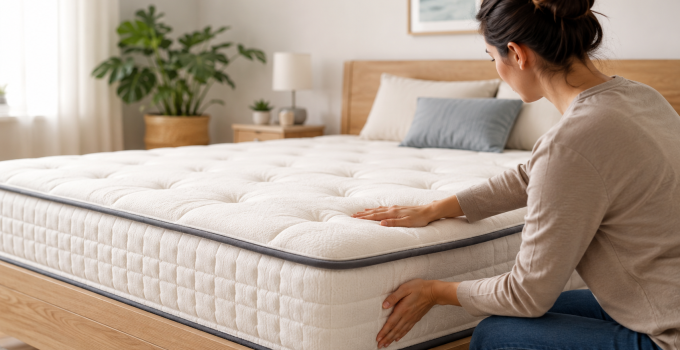 Une femme qui vérifie l'état d'un matelas