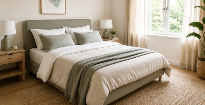 Lit double confortable dans une chambre lumineuse, avec linge blanc, tête de lit vert sauge