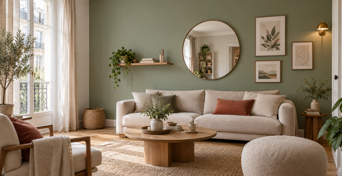 Salon lumineux avec mur d’accent vert sauge, canapé, miroir rond, cadres et étagère décorative.