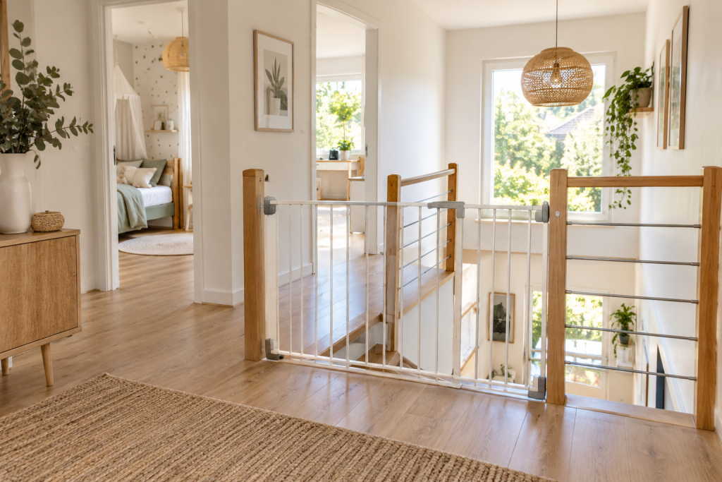 Barrière de sécurité installée sur le palier supérieur d’un escalier ouvert.