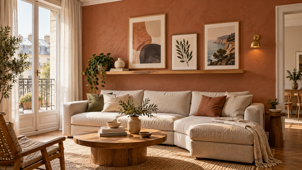 Salon lumineux avec mur terracotta décoré de cadres, étagère en bois, plante retombante et canapé beige.