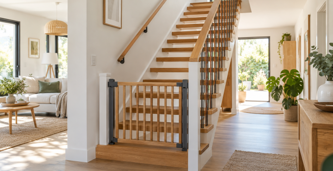 Escalier ouvert en bois équipé d’une barrière de sécurité.