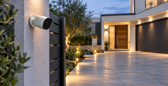 Caméra de vidéosurveillance extérieure installée près d’une entrée de maison sécurisée.