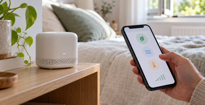 Capteur connecté posé dans une chambre, avec suivi de la qualité de l’air sur smartphone.