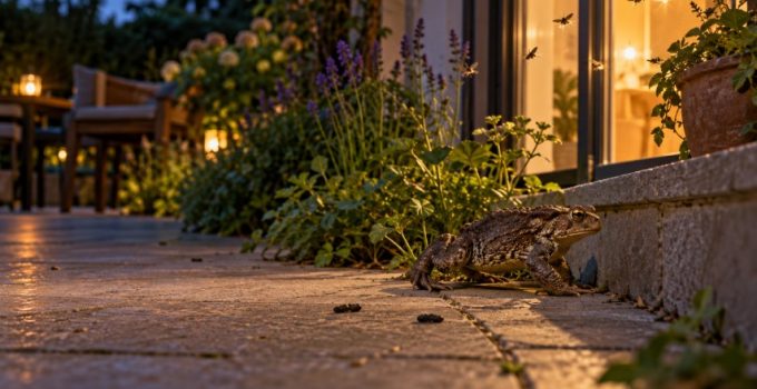 Crapaud sur une terrasse à la tombée de la nuit
