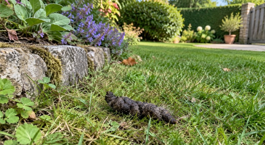 Crotte de renard dans le jardin