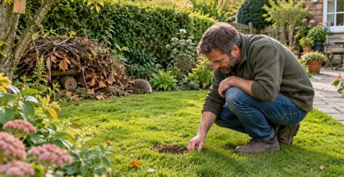 Jardinier examinant un trou de hérisson