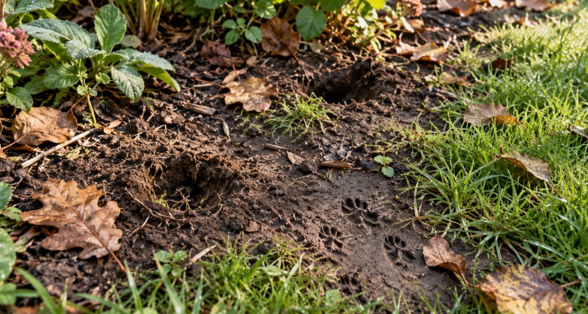 Petits trous et empreintes dans la pelouse