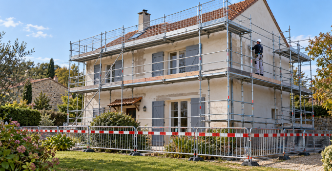 Échafaudage avec garde-corps devant une maison en rénovation.