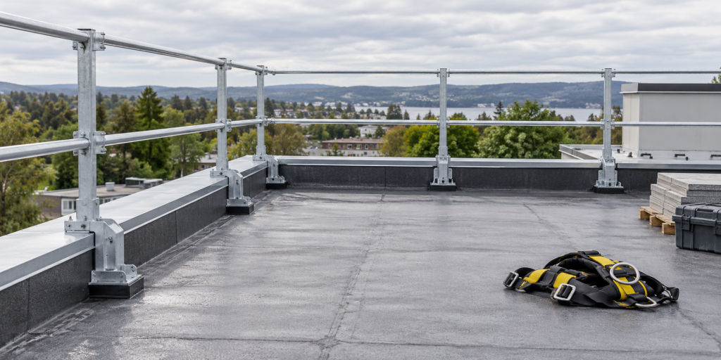 Garde-corps temporaire installé sur une toiture plate, avec un harnais posé au sol.